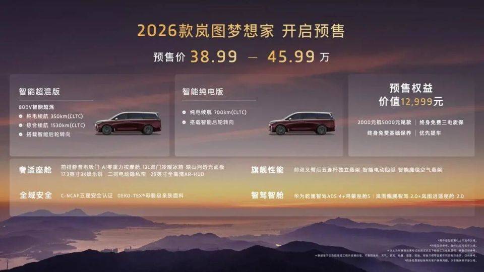2026款嵐圖夢想家,純電350公里 5C快充,預售38.99萬起